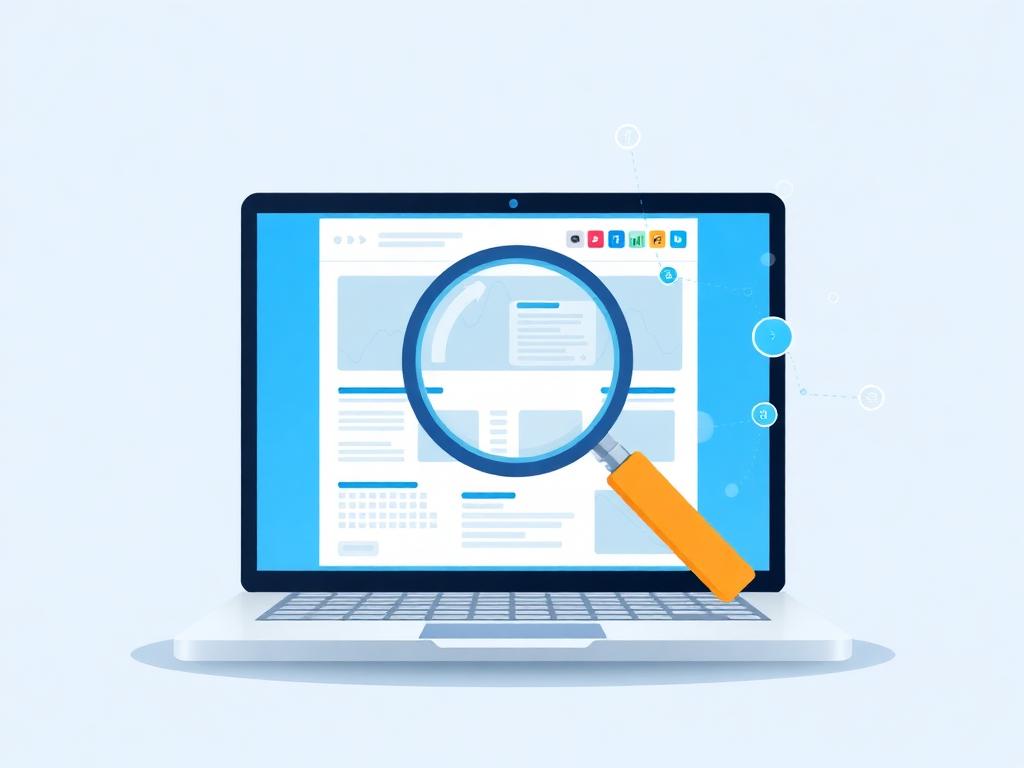 Magnifying glass scanning a website on a laptop screen