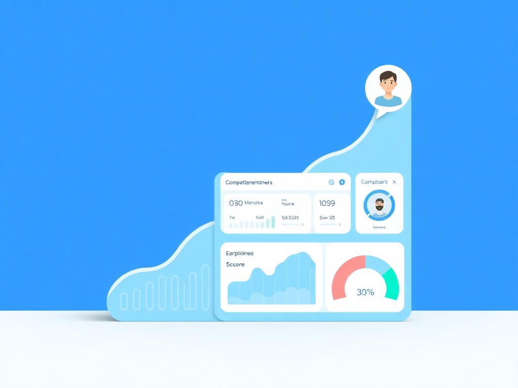 Upward growth chart dashboard with competitor benchmarks and AI coach avatar