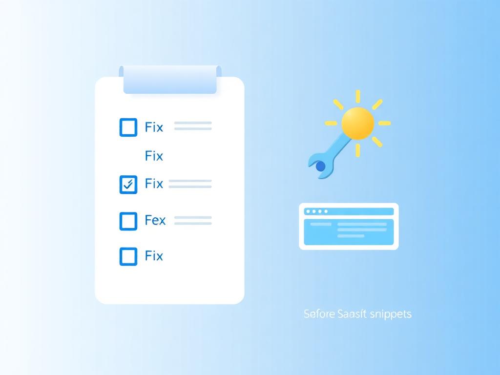 Prioritized fix checklist being completed with before-and-after website snippets